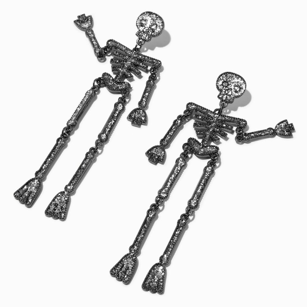 NEW GLITTERY JOINTED SKELETON 4" DROP EARRINGS